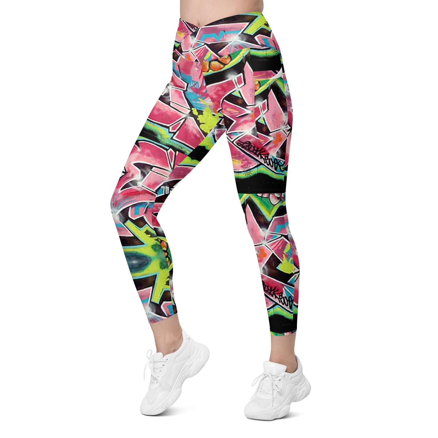 Crossover leggings with pockets - Hot Pink Graffiti